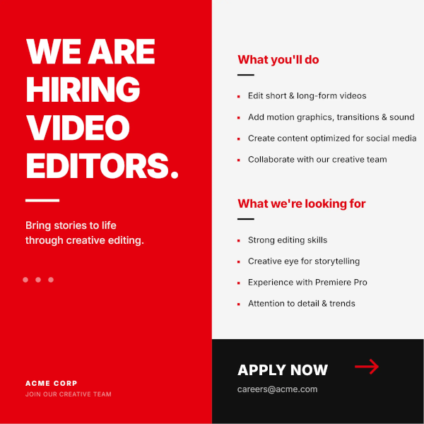 We hiring video editors